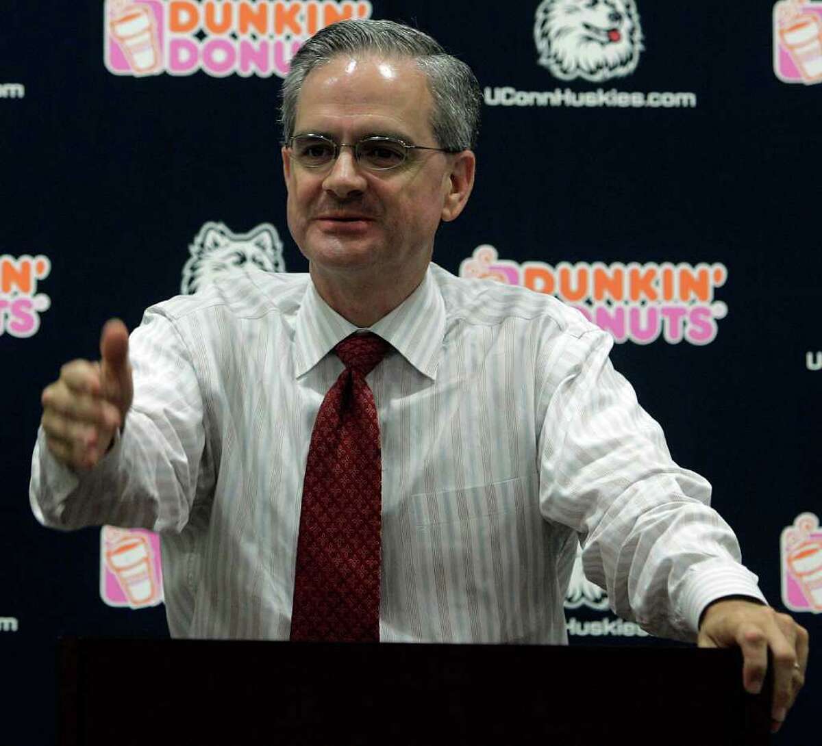 University of Connecticut Director of Athletics Jeff Hathaway answers a question during a news conference on the UConn campus at Storrs, Conn., Tuesday, Sept. 11, 2007. (AP Photo/Bob Child)