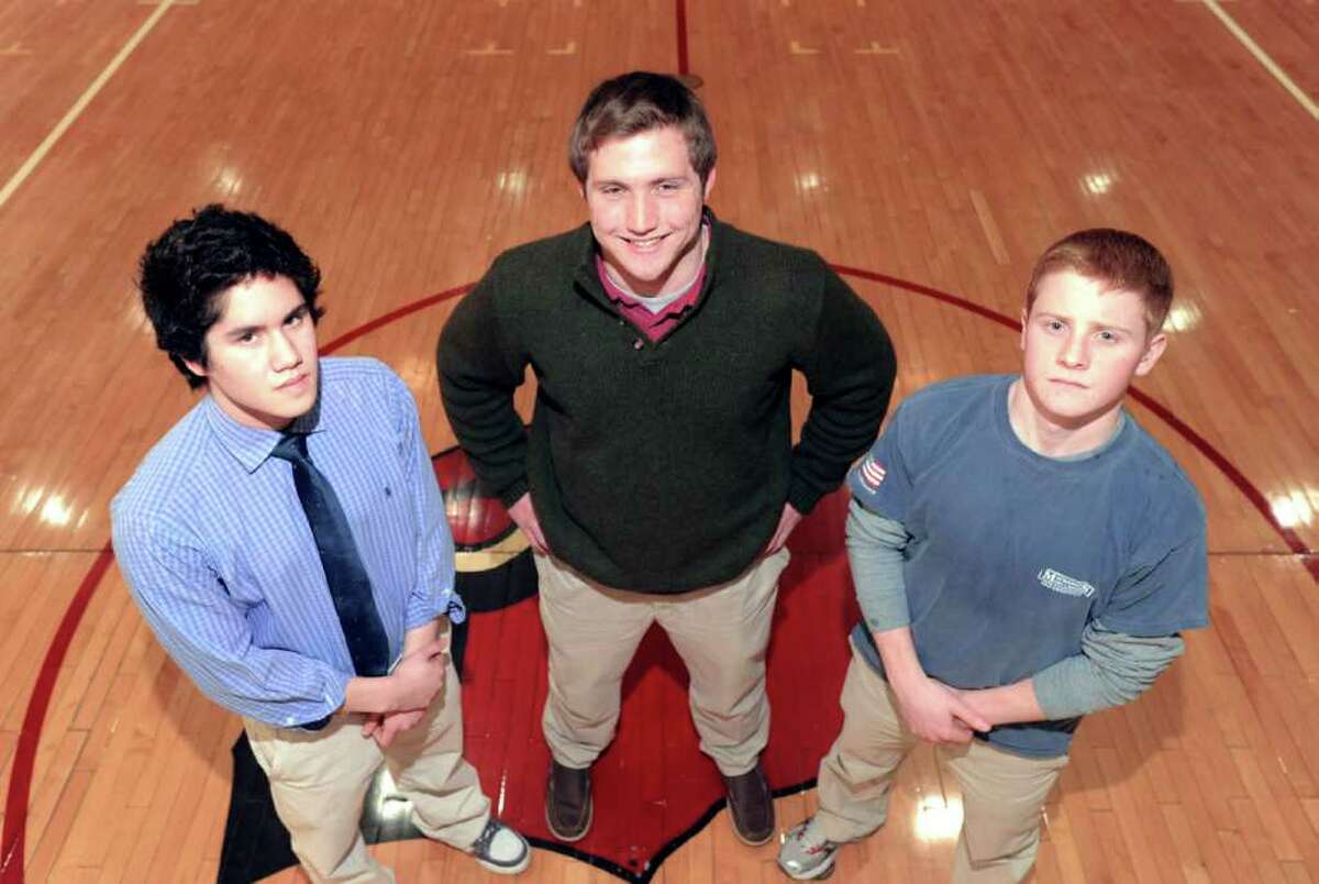 Greenwich High School seniors, from left, Michael Dustin, 17, Francis Ambrogio, 18, and Patrick Robben, 18, posed in the Greenwich High School gym, Tuesday afternoon, Feb. 8, 2011. All three seniors were accepted to and will be attending the U.S. Military Academy at West Point, N.Y.