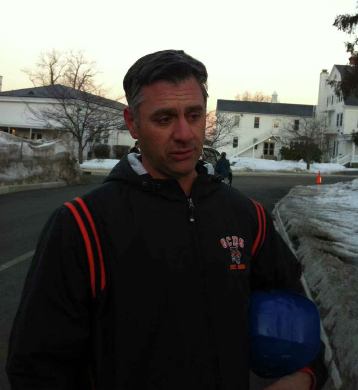 Greenwich Country Day School Headmaster Adam Rohdie at the school Friday evening, discussing a propane tank explosion and and fire that broke out in an under-construction performing arts center.