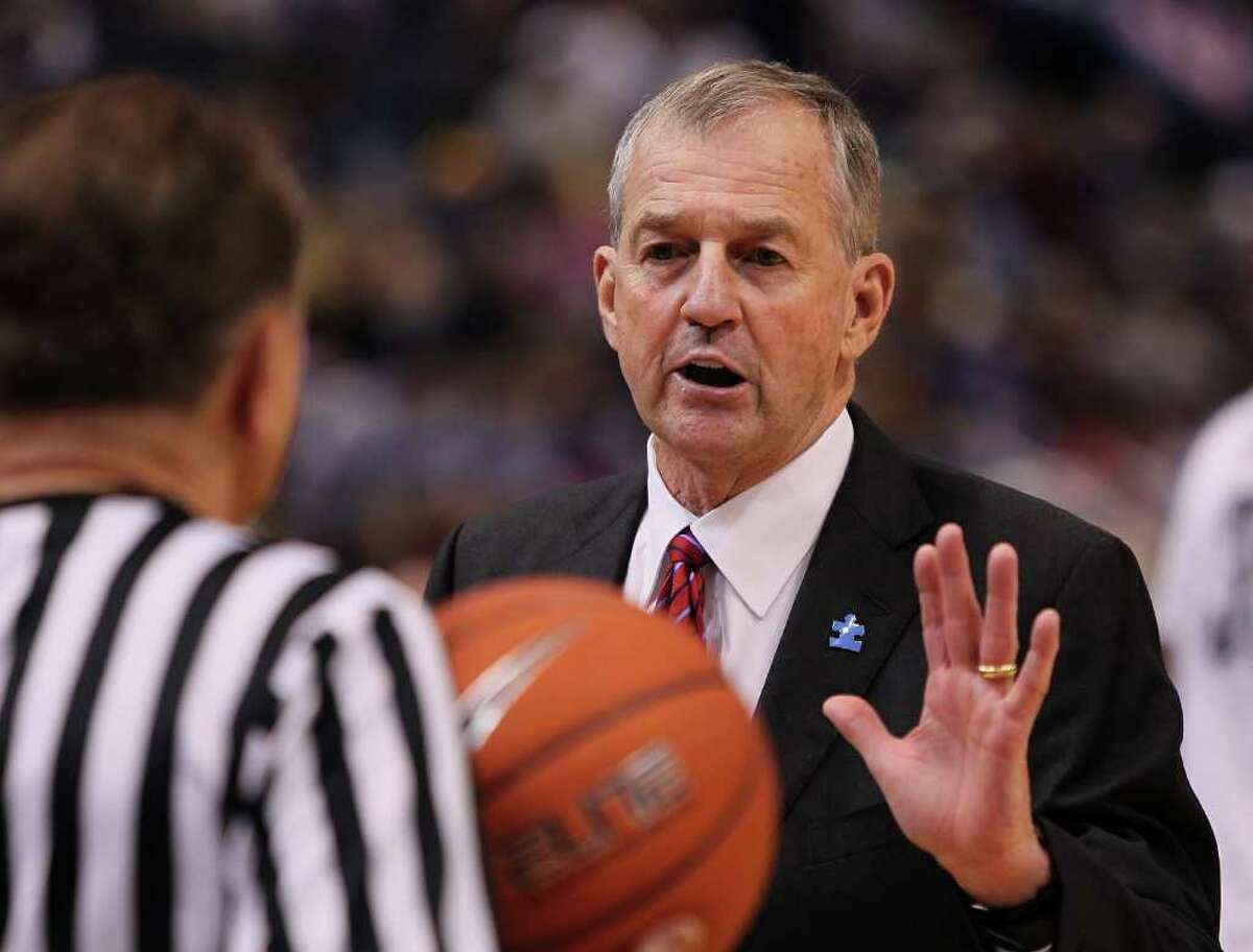 HARTFORD, CT - FEBRUARY 13: Coach Jim Calhoun of the Connecticut Huskies has words with an official during a game against the Cincinnati Bearcats at the XL Center on February 13, 2010 in Hartford, Connecticut. (Photo by Jim Rogash/Getty Images) *** Local Caption *** Jim Calhoun