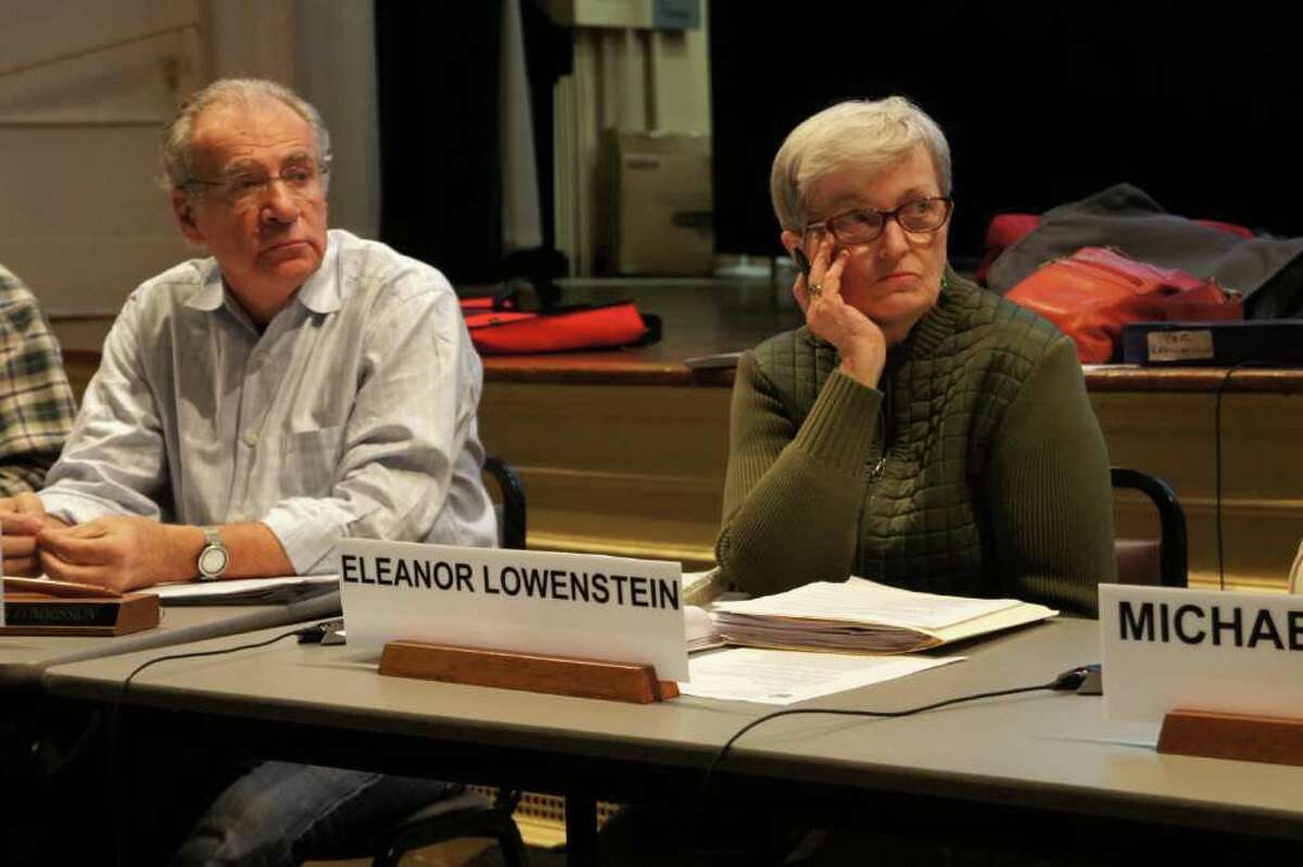 Westport P&Z Chairman Ron Corwin and member Eleanor Lowenstein listen to discussion of an amendment to the town's zoning regulations that would pave the way for a seniors' residential and care complex on the Baron's South property.