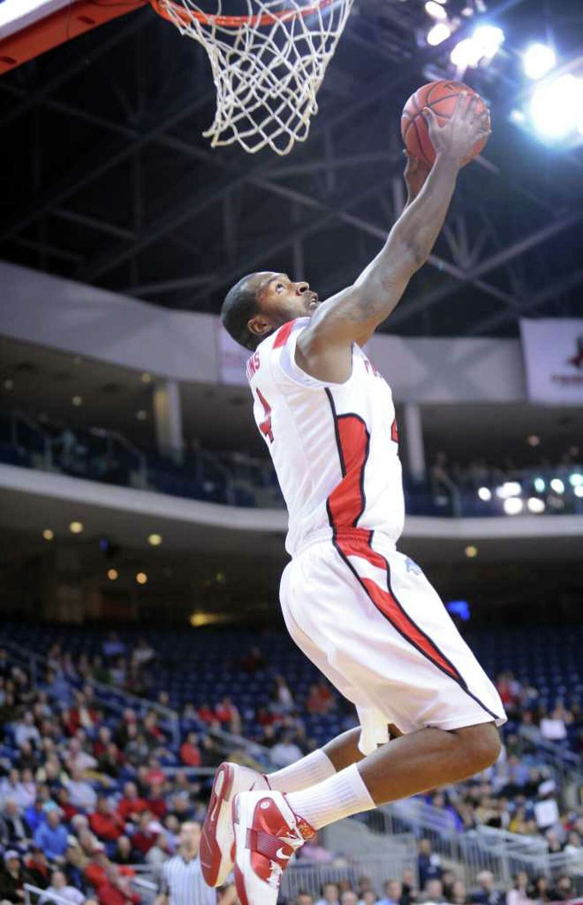 Fairfield's Yorel Hawkins dunks the ball during game action against Austin Peay at the Webster Bank Arena at Harbor Yard in Bridgeport, Conn. Saturday, Feb. 19, 2011.