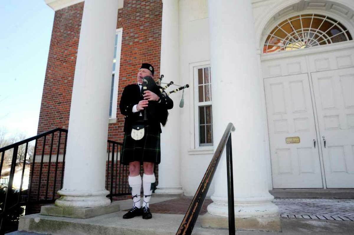 Drew Kennedy, of Wilton, playes the bagpipes at the Silver Shield Association's annual awards ceremony, at the Western Greenwich Civic Center, on Sunday, Feb. 20, 2011.
