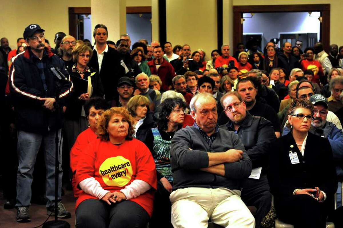 The public listens as Gov. Dannel P. Malloy speaks during a town hall meeting in City Hall Annex in Bridgeport, Conn. Feb. 21st, 2011. The meeting was the first of 17 Malloy has planned around the state.