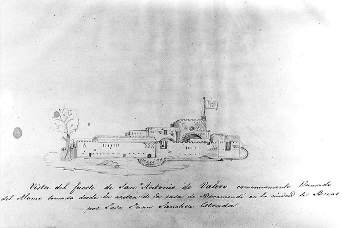 1836 :  THE  MEXICAN  SOLDIER’S  VIEWJose Juan Sanchez-Navarro, who participated in the battle, made this sketch of the Alamo compound. The church itself is on the right but is obscured in this view by the fortress walls. Courtesy of the Daughters of the Republic of Texas Library