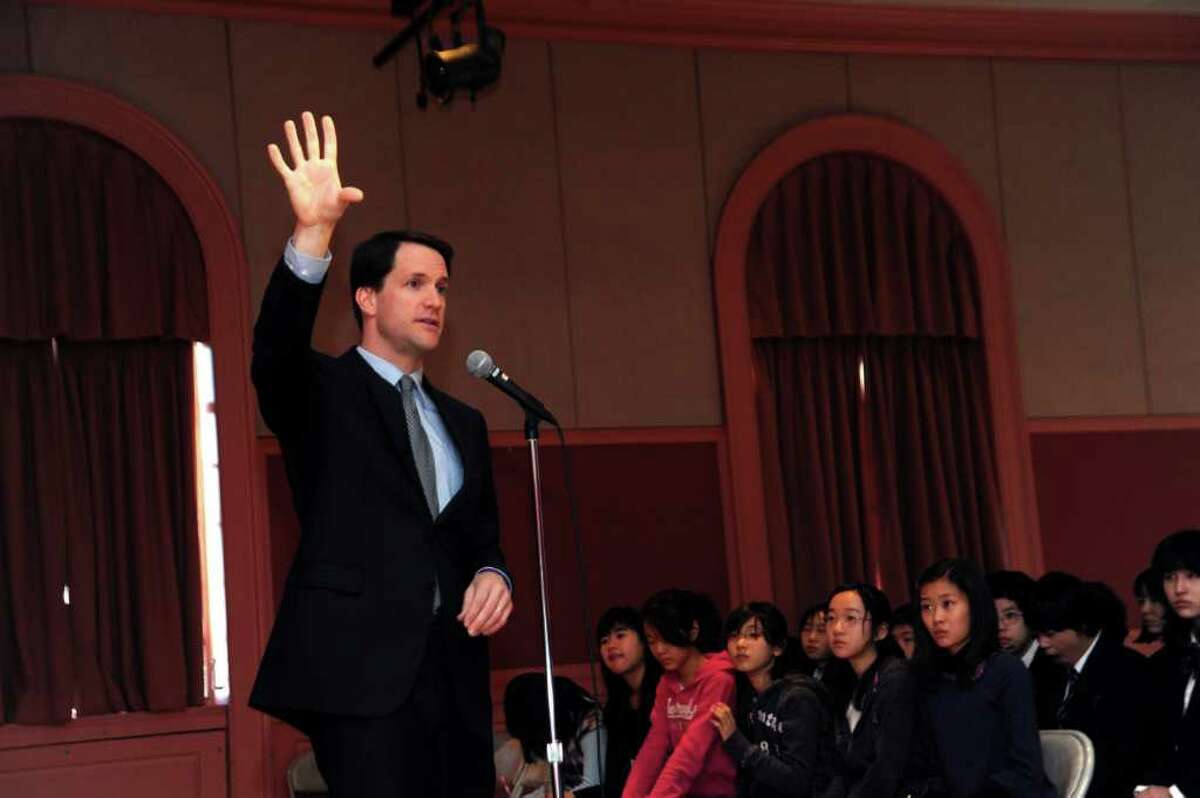 U.S. Rep. Jim Himes, D-Conn., speaks to students about being a congressman during his visit to the Greenwich Japanese School, on Wednesday, Feb. 23, 2011.