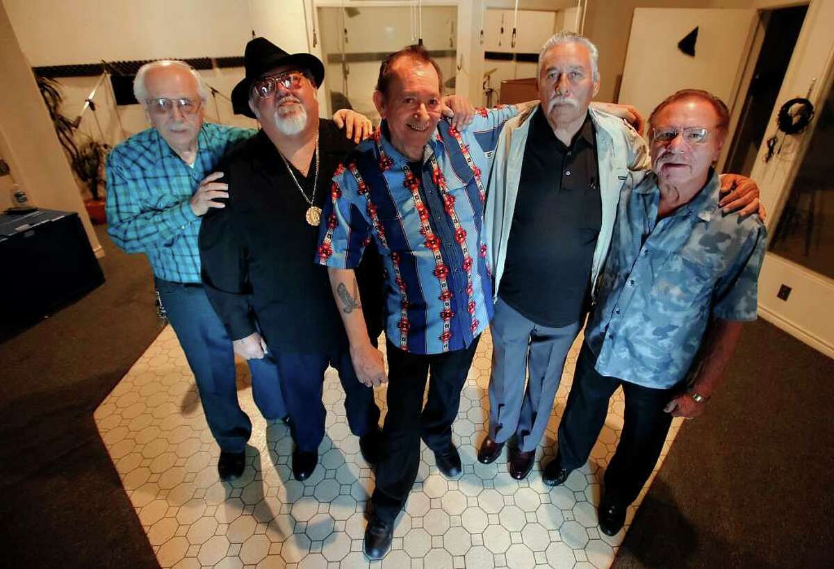 Grammy-winning and conjunto legend Flaco Jimenez (center) will be making one of his last solo albums. The album will feature collaborations with some of Jimenez's closest friends such as: Henry Zimmerle (from right), Fred Ojeda, Nick Villareal and Toby Torres. The group gathered at Toby's Custom Recording Studio on Friday, Jan. 28, 2011. Kin Man Hui/kmhui@express-news.net