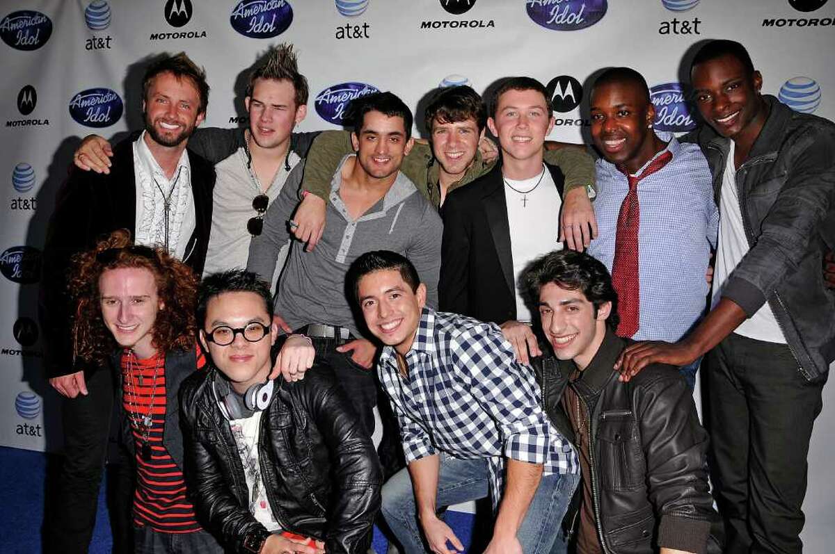 HOLLYWOOD, CA - FEBRUARY 24: (Clockwise, from top left) "American Idol" 2011 contestants Paul McDonald, James Durbin, Jovany Barreto, Timothy Halperin, Scotty McCreery, Jacob Lusk, Jordan Dorsey, Robbie Rosen, Stefano Langone, Clint Gamboa and Brett Loewenstern arrive at Idol Prom: The "American Idol" Season Ten Top 24 Debut event at the Roosevelt Hotel on February 24, 2011 in Hollywood, California. (Photo by Michael Tullberg/Getty Images) *** Local Caption *** Paul McDonald;Jacob Lusk;James Durbin;Robbie Rosen