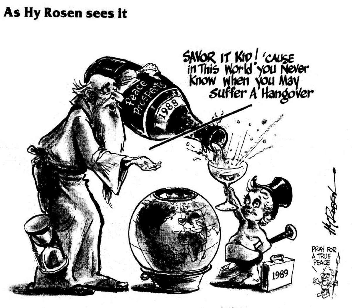 In this December 1988 cartoon, Time Union Cartoonist Hy Rosen shows optimish for the new year. Rosen died Feb. 25, 2011 at his hom in Loudonville, NY. Hi cartoonist career at the Times Union spanned five decades.