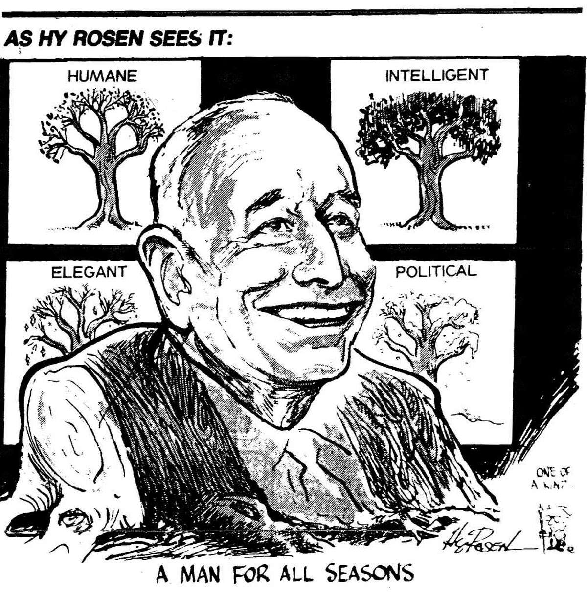 Editorial cartoon by Hy Rosen. June 1, 1983 praises the late Erastus Corning 2nd, who died a few days earlier. Rosen died Feb. 25, 2011 at his home in Loudonville, NY. His cartoonist career at the Times Union spanned five decades. Death of Erastus Corning.