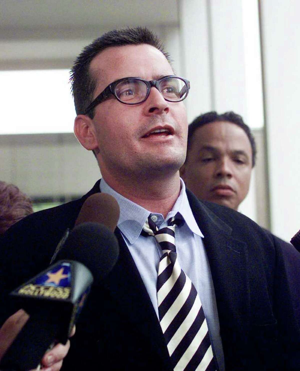 FILE--Charlie Sheen, 34, is show in Malibu, Calif., in this Sept. 27, 1999, file photo. Sheen may replace Michael J. Fox, who plays a hard-charging deputy mayor of New York on the series "Spin City" when he leaves the show at the end of the spring season, Time reports in the issue that hits newsstands Monday Feb. 6, 2000.