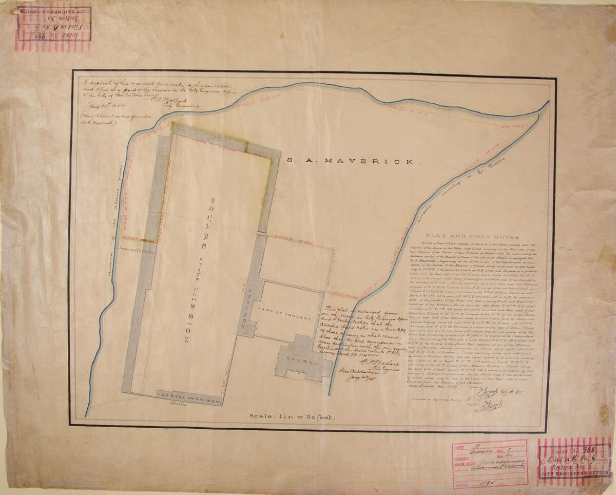 This 1849 plat map includes field notes that provide measurements and other details about the Alamo buildings and walls that remained standing or had been leveled shortly after the battle.