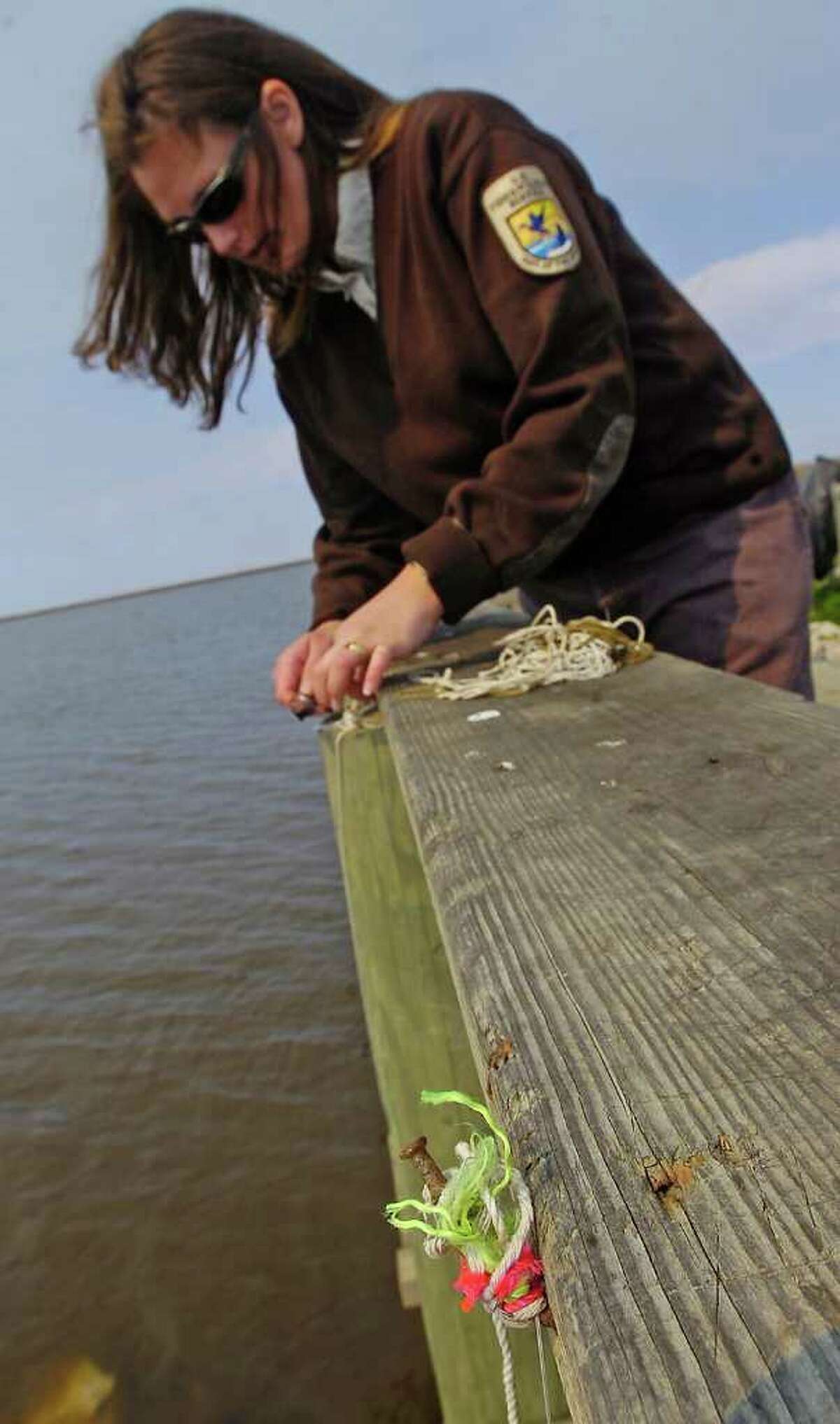 Michelle Chappell, the new Texas Point Wildlife Refuge Manager, uses a pocket knife to cut through strings tied to crabbing docks built on the lakes that are inside the McFaddin Wildlife Refudge. Lines, bait, and nails are not allowed to be left on the docks permanently due to alligators getting tangled in them. The new offices for the McFaddin National Wildlife Refuge and Texas Point Refuge, that will replace the facilities destroyed in Hurricane Ike will reopen at Texas Point, which is considered a safer location. Dave Ryan/The Enterprise
