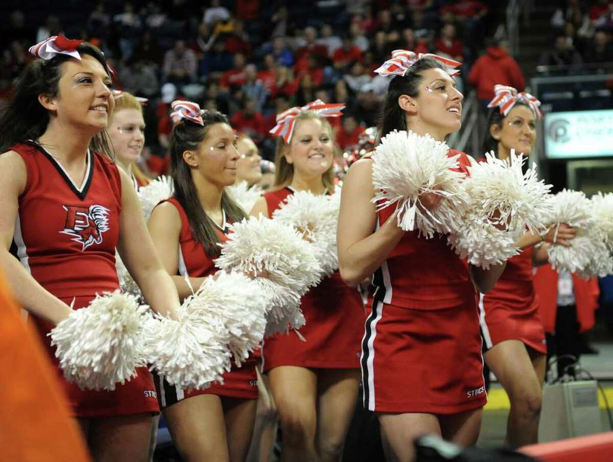 Fairfield's cheerleaders cheer on their team during the MAAC men's basketball semifinals at the Webster Bank Arena at Harbor Yard in Bridgeport on Sunday, March 6, 2011.