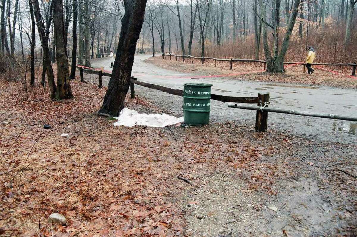 The scene at the Lake Mohegan open space on March 14, 1986, when the body of newborn baby boy was found by Conservation Department workers.