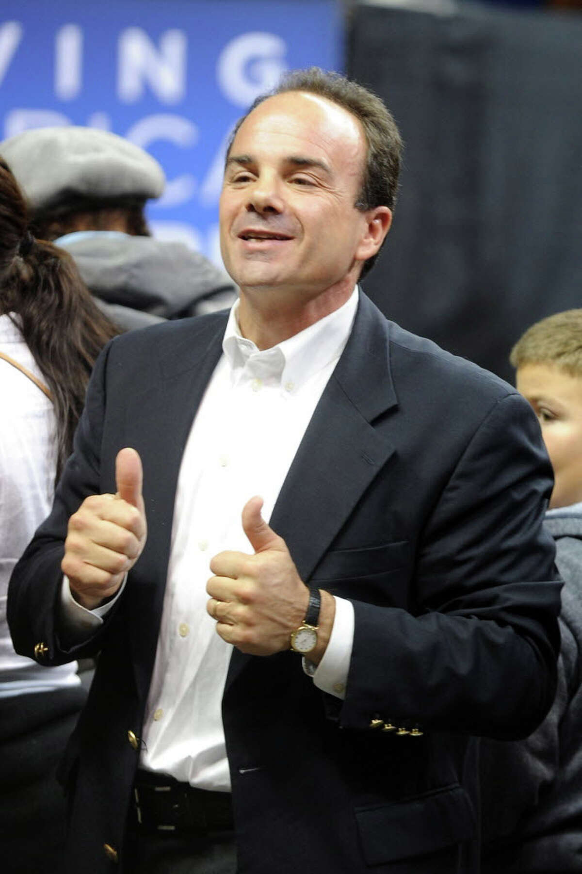 Former Bridgeport Mayor Joe Ganim in the crowd waiting for the start of the President Barack Obama rally at the Arena at Harbor Yard in Bridgeport, Conn. Saturday, Oct. 30, 2010. Ganim has paid the remainder of the fine he was assessed when convicted on 16 federal fraud accounts and is considering another run for mayor.