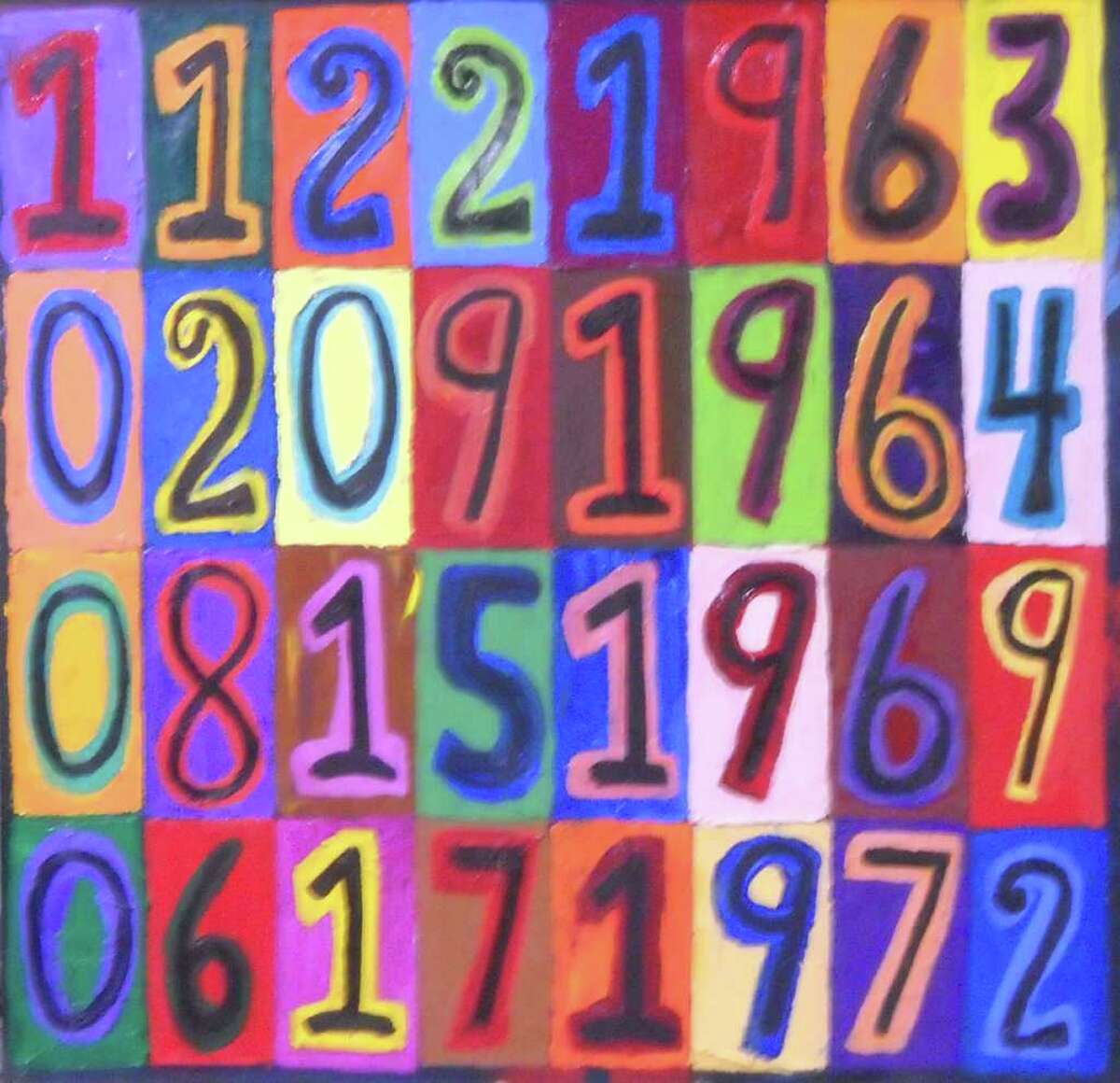 Darien's Brenda Jackson's painting "Living Numbers" will be featured at Wilton Library. The dates, from top to bottom are JFK's assassination, the Beatles performance on the Ed Sullivan show, Woodstock and the Watergate Scandal.