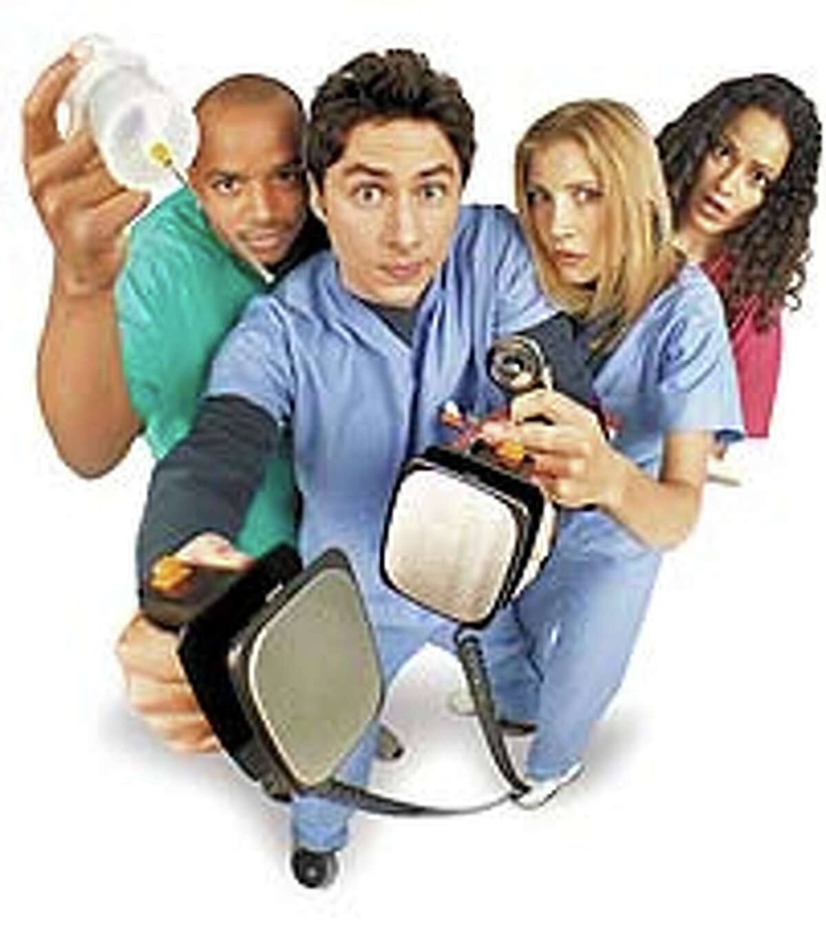 "Scrubs": Freshly minted young doctors get their first taste of real medicine in this big-city hospital show with healthy doses of impertinence. It stars, from left, Donald Faison, Zach Braff, Sarah Calke and Judy Reyes.