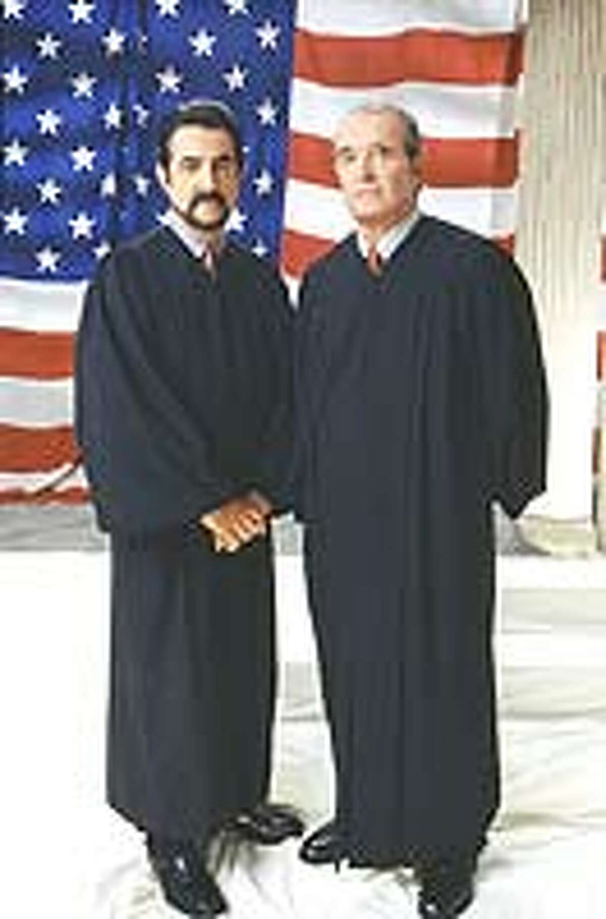 Joseph Novelli (Joe Mantegna, left), is the Supreme Court’s newest justice while James Garner plays crusty Chief Justice Thomas Brankin.