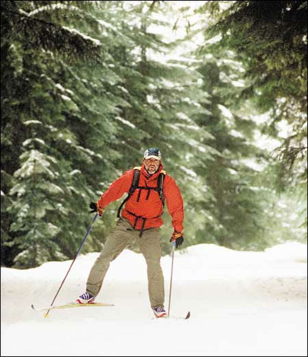 Carey Gersten uses a herringbone stride to work his way up a hill at Snoqualmie Pass.