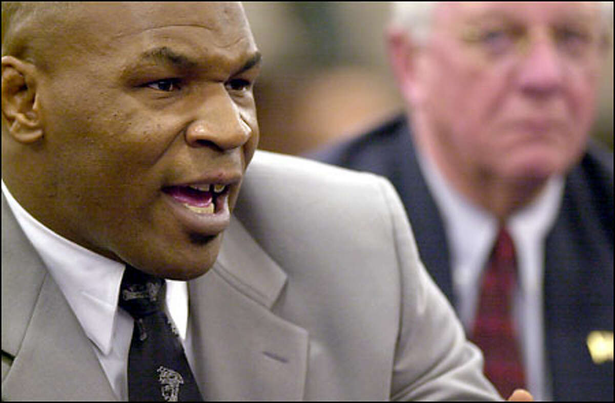 Former heavyweight champ Mike Tyson responds to a question in a hearing before the Nevada Athletic Commission, which rejected his license bid.