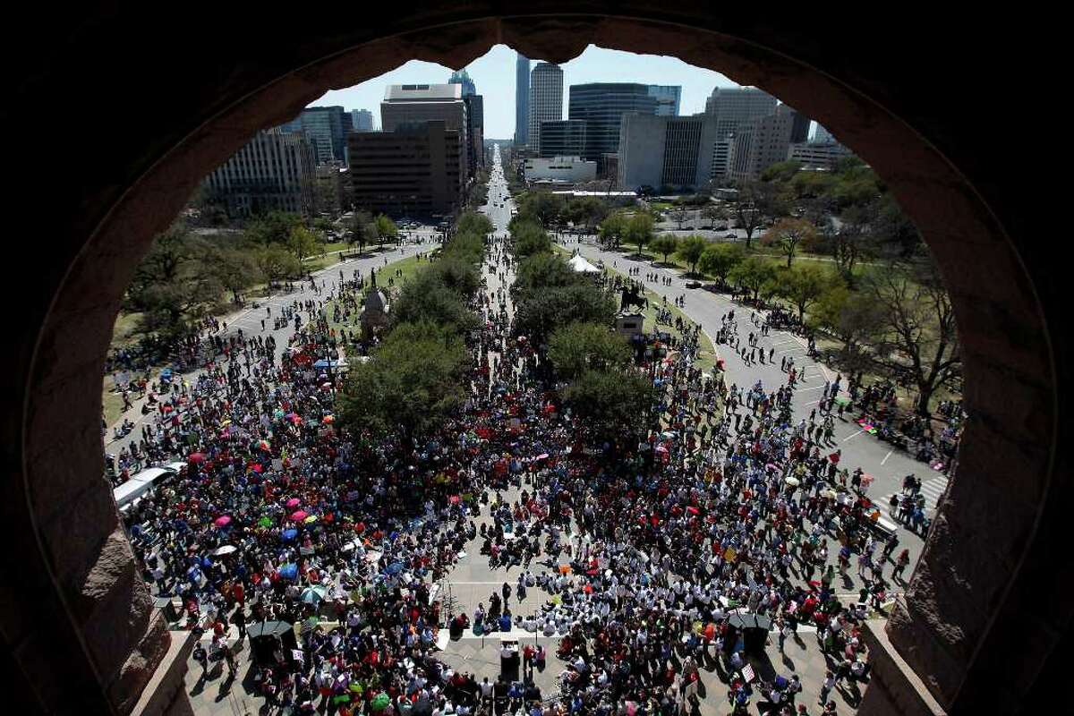 Thousands of educators and supporters rally at the Texas Capitol to decry looming budget cuts and elimination of jobs for educators on Saturday, Mar. 12, 2011. Kin Man Hui/kmhui@express-news.net