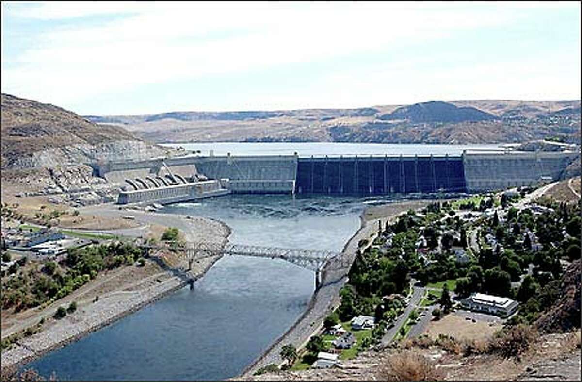 Grand Coulee Dam and a bridge over the Columbia River as seen from Crown Point.