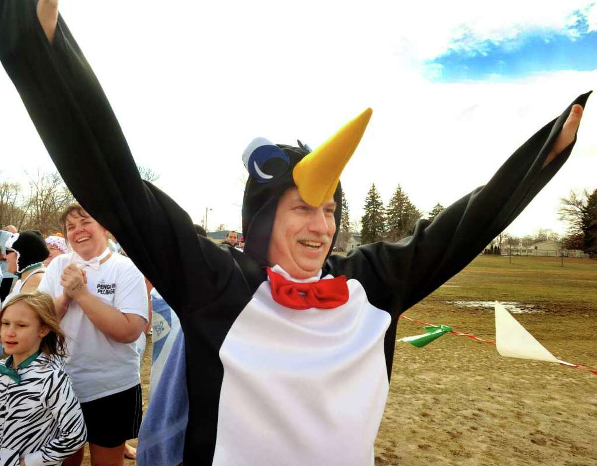 David Kimmel, of Danbury, prepares to take the plunge during the 2nd Annual Penguin Plunge to benefit the Special Olympics at Candlewood Town Park in Danbury, Sunday, March 13, 2011.