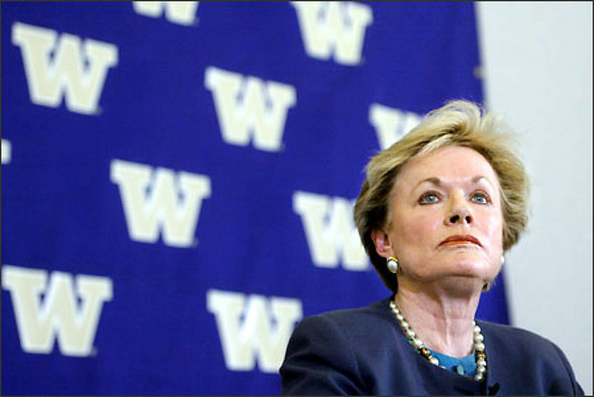 University of Washington athletic director Barbara Hedges takes questions at a news conference yesterday after she announced the dismissal of football head coach Rick Neuheisel.