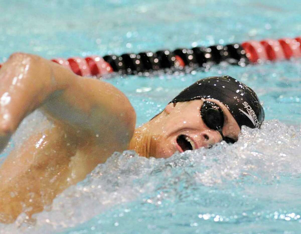Andrew Dillinger of Greenwich High School swims in the final of the 200 yard freestyle event during the CIAC Boys Class LL State Open swimming championships at Wesleyan University, Middletown, Conn., Tuesday night, March 15, 2011.