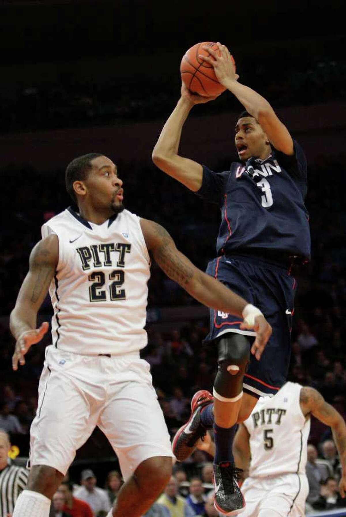 Connecticut's Jeremy Lamb (3) goes to the basket past Pittsburgh's Brad Wanamaker (22) during the first half of an NCAA college basketball game at the Big East Championship, Thursday, March 10, 2011 at Madison Square Garden in New York. (AP Photo/Mary Altaffer)