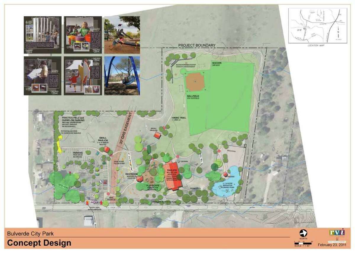 An architect’s plan of the planned Bulverde park includes sports fields, picnic areas and a small pond reservoir.