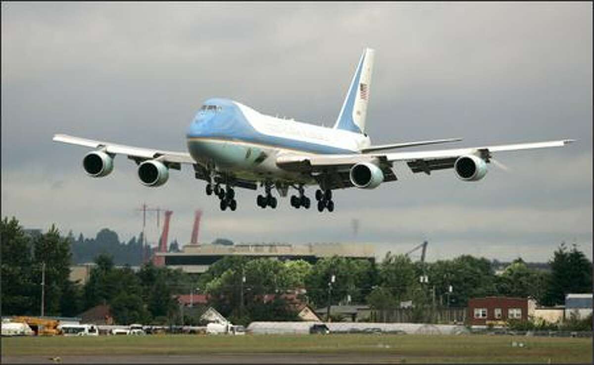 President George W. Bush arrives at Boeing Field aboard Air Force One for a brief Seattle-area fund-raising stop.