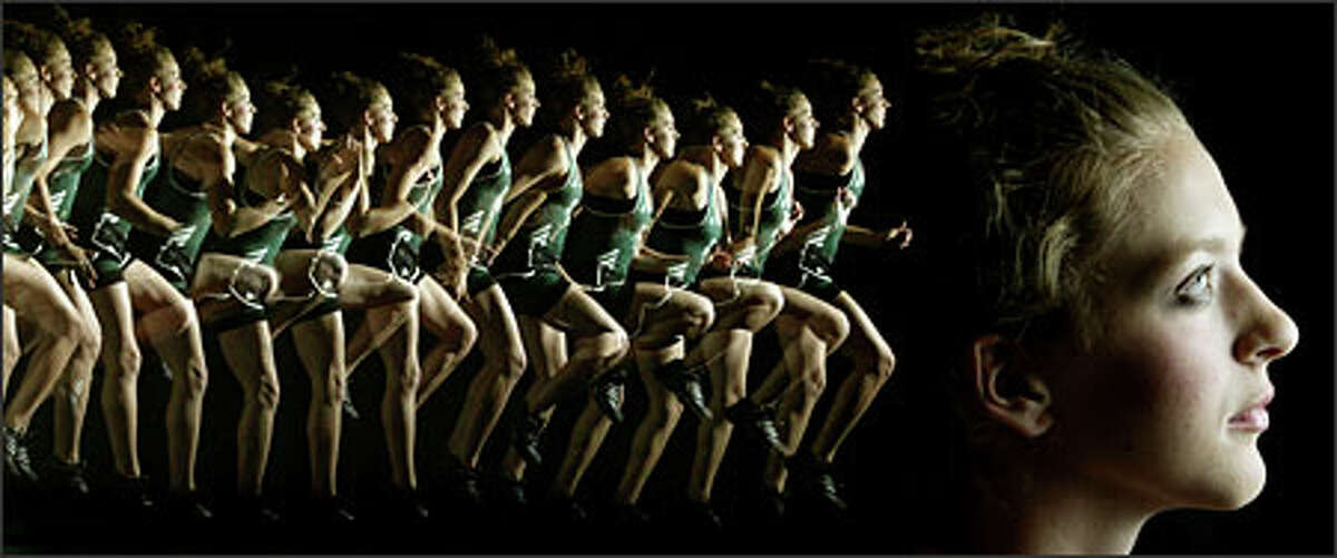 Skyline High School track star Christina TupperUrban: This was a very complicated shoot. Since you can't mechanically make multiple exposures with a digital camera, I had to use a slow shutter speed (two seconds) and the strobe capability of my flash. To separate the images, the camera was set up behind two black screens and panned past the subject. The runner in this case was running in place as the camera was panned and the strobe popped off nine times per second. Finally, the portrait was shot as a separate image and combined with the multiple exposure using Adobe Photoshop.