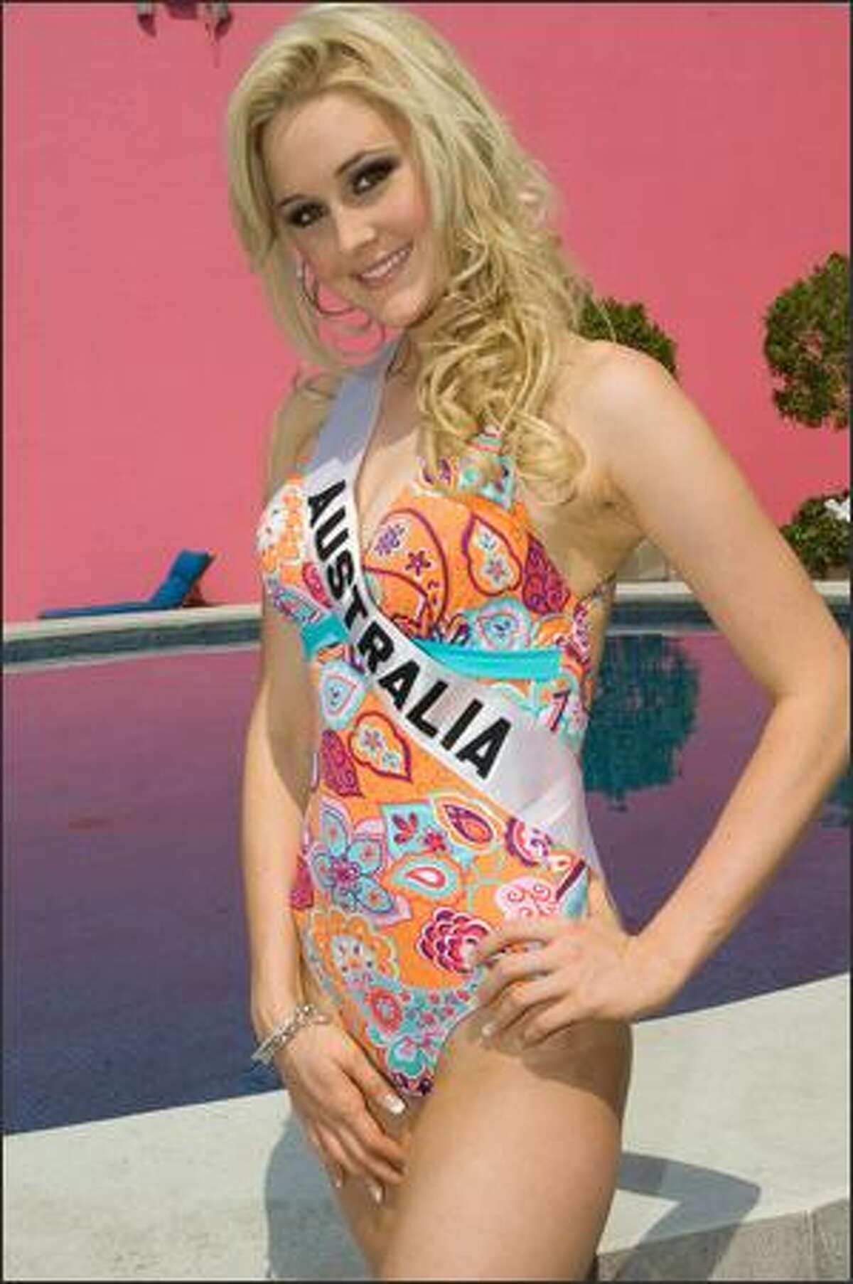 Kimberley Busteed, Miss Australia 2007, poses in her BSC Swimwear Thailand swimsuit during registration and fittings for the Miss Universe 2007 competition at the Camino Real Mexico in Mexico City on May 2.