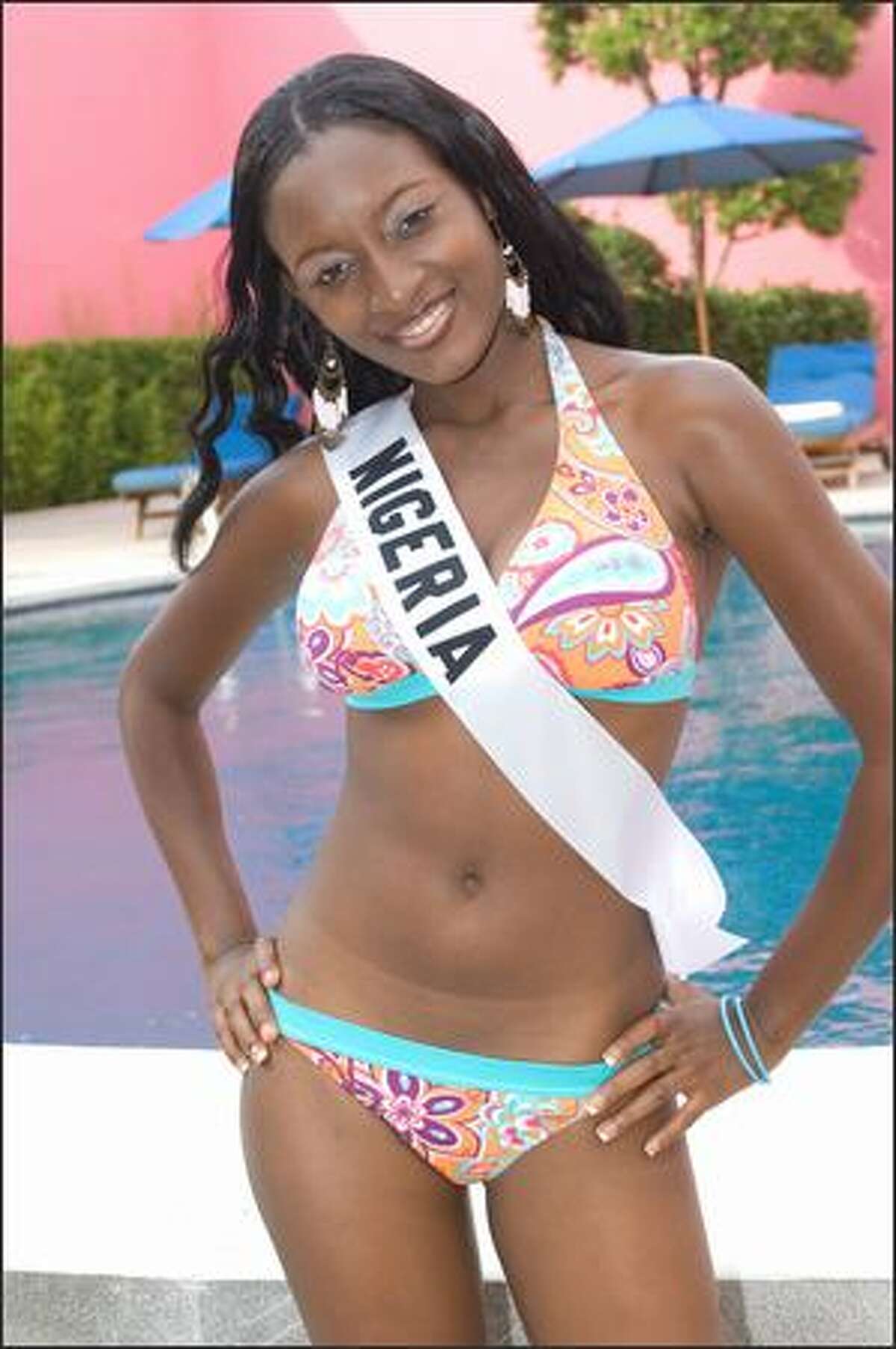 Ebinabo Potts-Johnson, Miss Nigeria 2007, poses in her BSC Swimwear Thailand swimsuit at the Camino Real Mexico in Mexico City on May 16.
