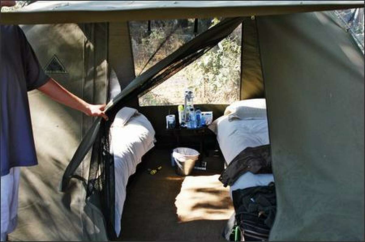 A peek inside a typical two-person tent.