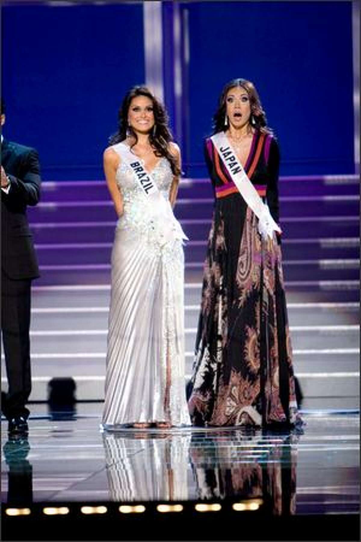 Miss Japan Riyo Mori, right, reacts as she is named Miss Universe 2007. First runner-up Natalia Guimaraes of Brazil is at left.