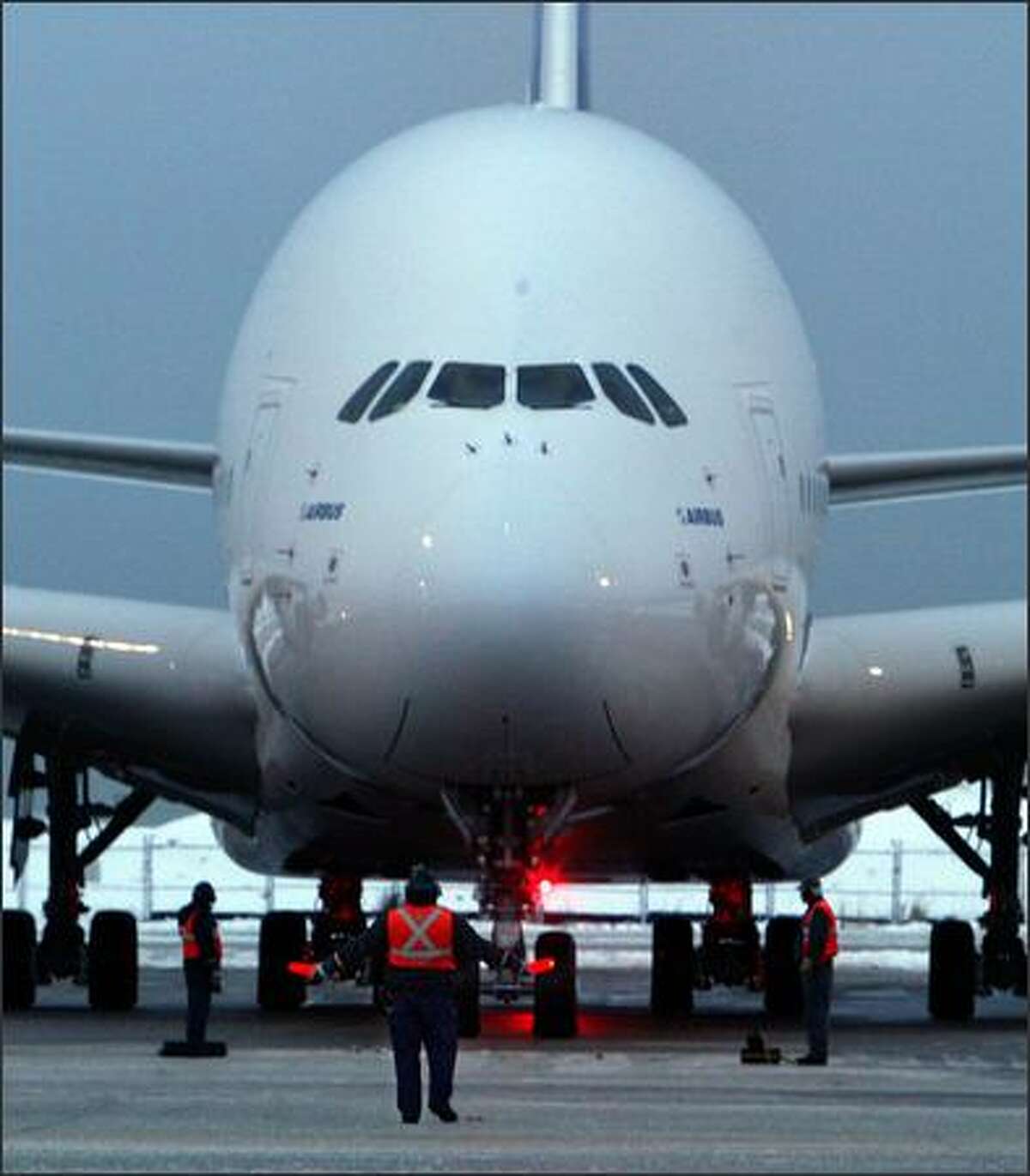 The A380 taxis after landing at Vancouver International Airport in British Columbia.