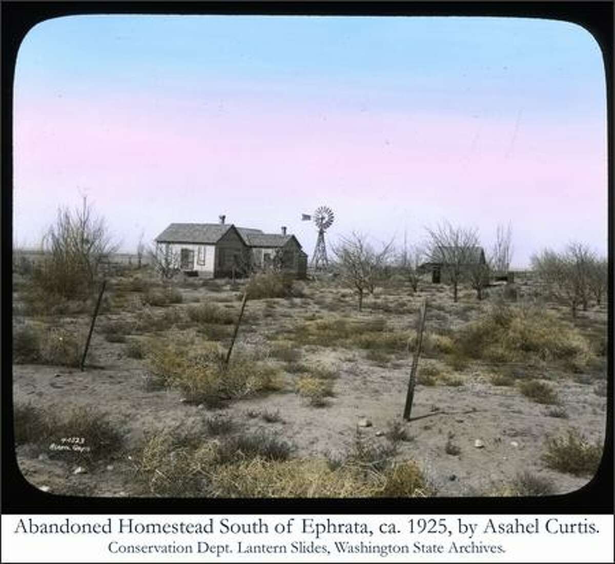 Abandoned homestead southwest of Euphrata, ca. 1925, Photo by Asahel Curtis. Conservation Dept. Lantern Slides, Washington State Archives.