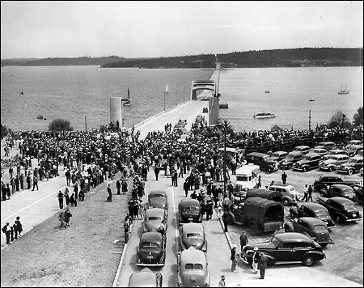Keeping afloat, 1940: The Lake Washington Floating Bridge, the world’s longest floating structure, opened to traffic between Seattle and Mercer Island in July 1940. The first toll was 25 cents for car and driver. In 1967, the bridge was renamed for Lacey V. Murrow, director of the state highway department who envisioned the structure.