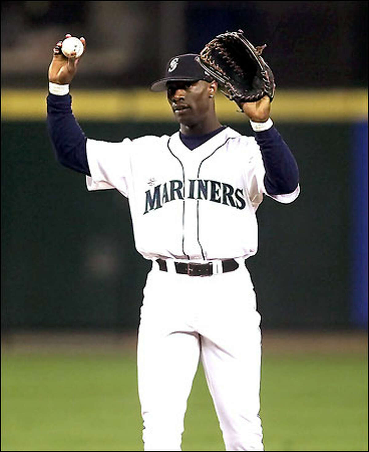 Mike Cameron reacts to the call after a play at the wall in the second inning of play at Safeco Field.