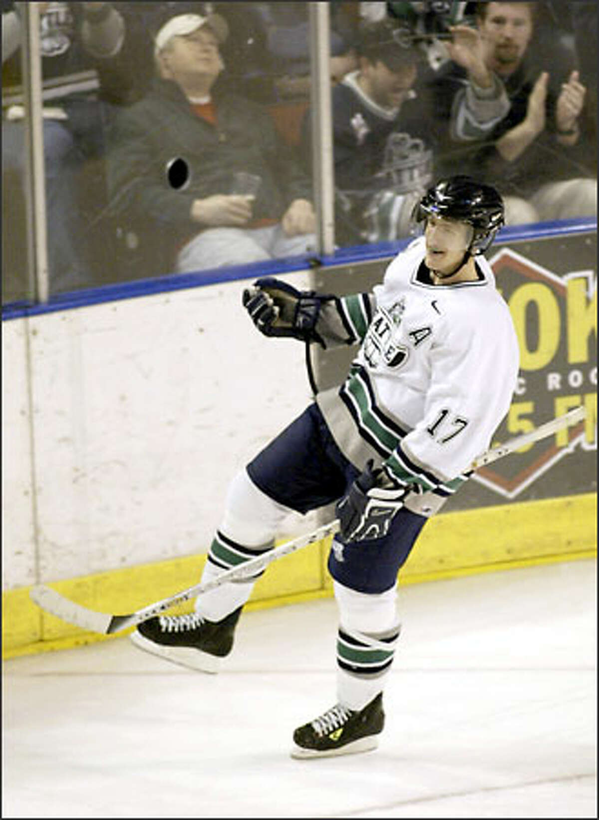 Seattle Thunderbirds Brooks Laich skates around the ring after scoing a goal against the Chiefs.
