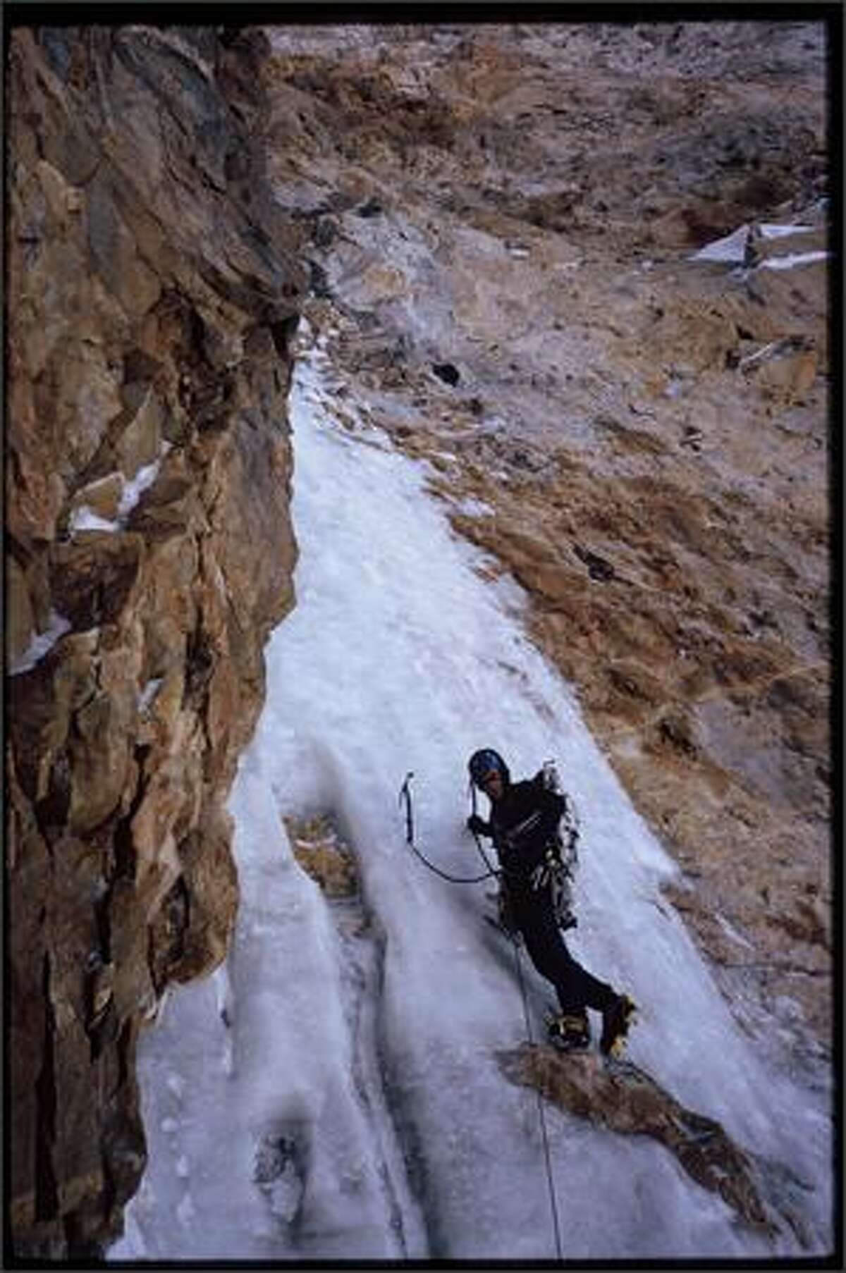 Kelly Cordes climbing the Marsigny-Parkin route on Cerro Torre. Patagonia, Argentina. Photo by Colin Haley.