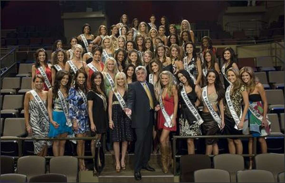 The 51 contestants for the 2007 Miss USA competition pose with Jay Leno after attending a taping of The Tonight Show on March 14 in Burbank, Calif.