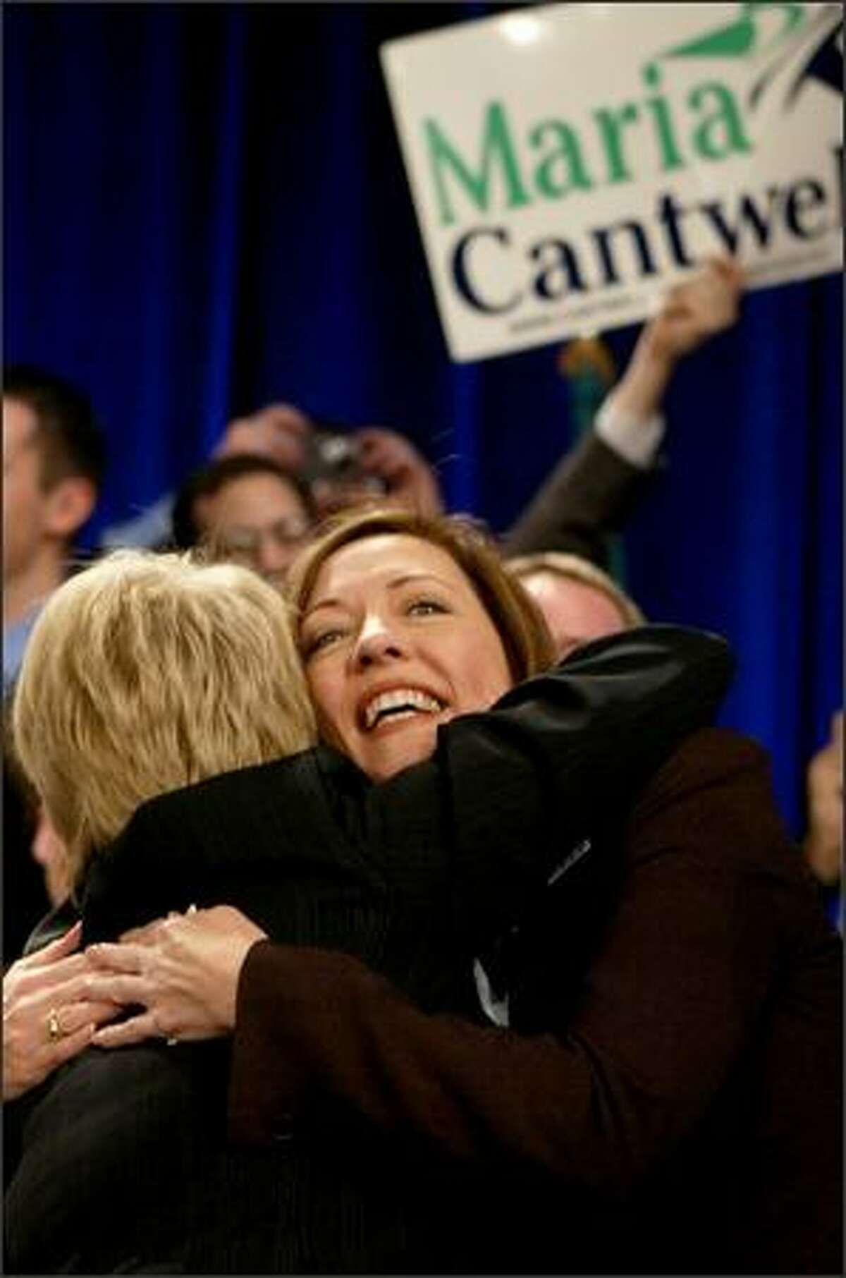 Democratic Sen. Maria Cantwell, running for reelection against Mike McGavick, hugs U.S. Sen. Patty Murray during an election party on Tuesday at the Sheraton Hotel in Seattle.