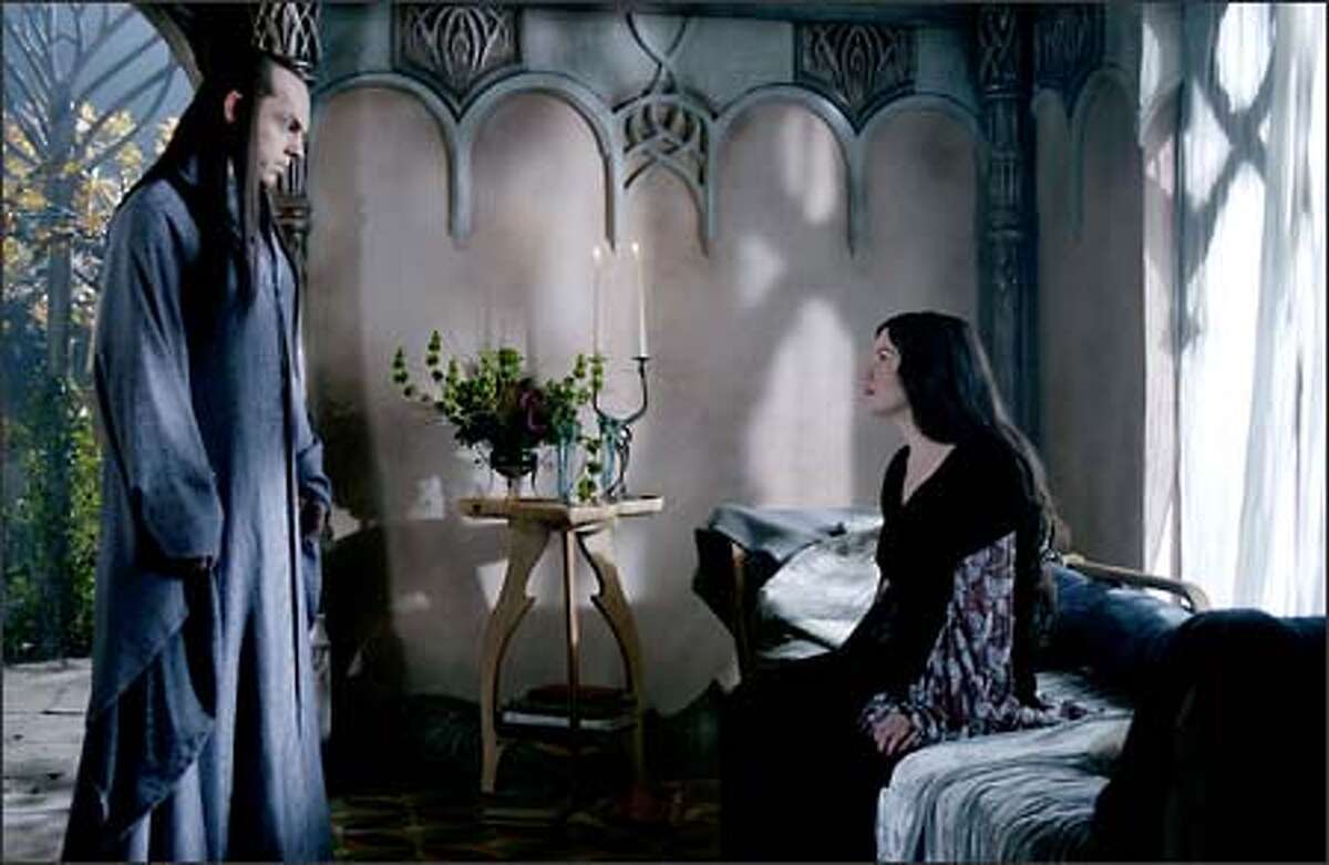 Arwen (Liv Tyler) challenges her father Elrond's (Hugo Weaving) desire for her to leave Middle-earth with the rest of the elves.