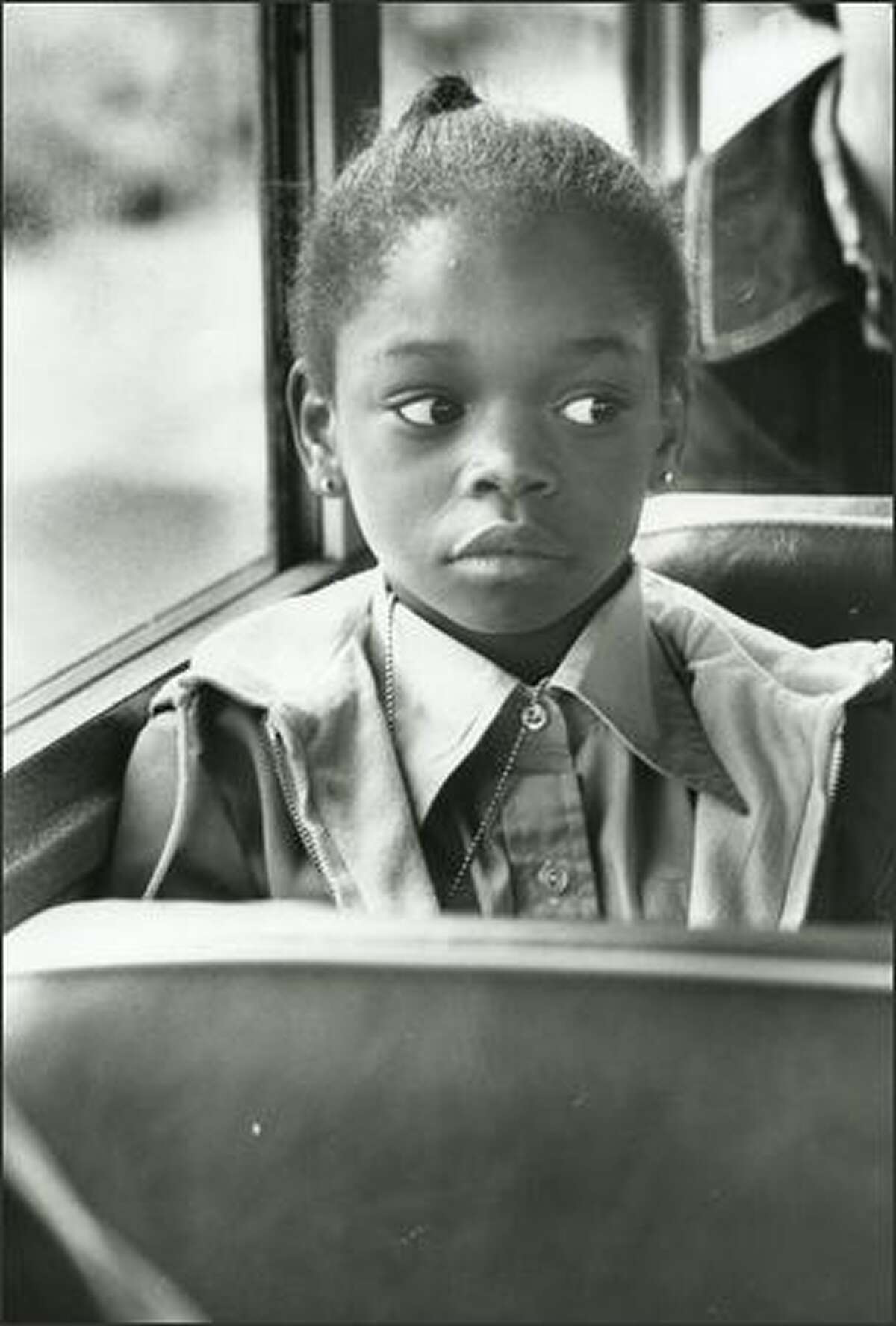 Minor Elementary School student Phyllis Mitchell listens to the bus driver on May 18, 1978. (Kerry Coughlin/P-I)