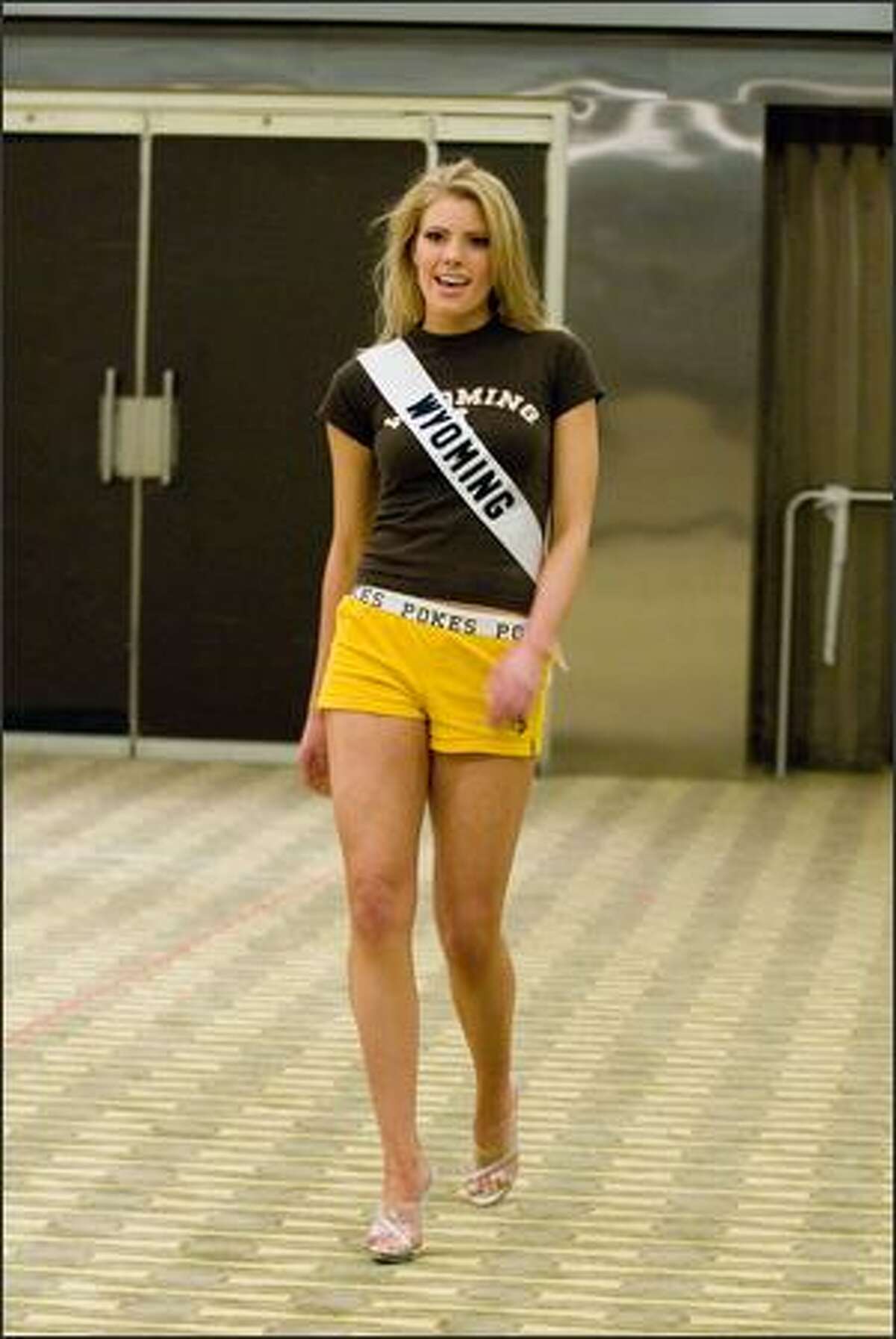 Robyn Johnson, Miss Wyoming USA 2007, rehearses for the Miss USA 2007 competition at the Wilshire Grand Hotel on March 11.