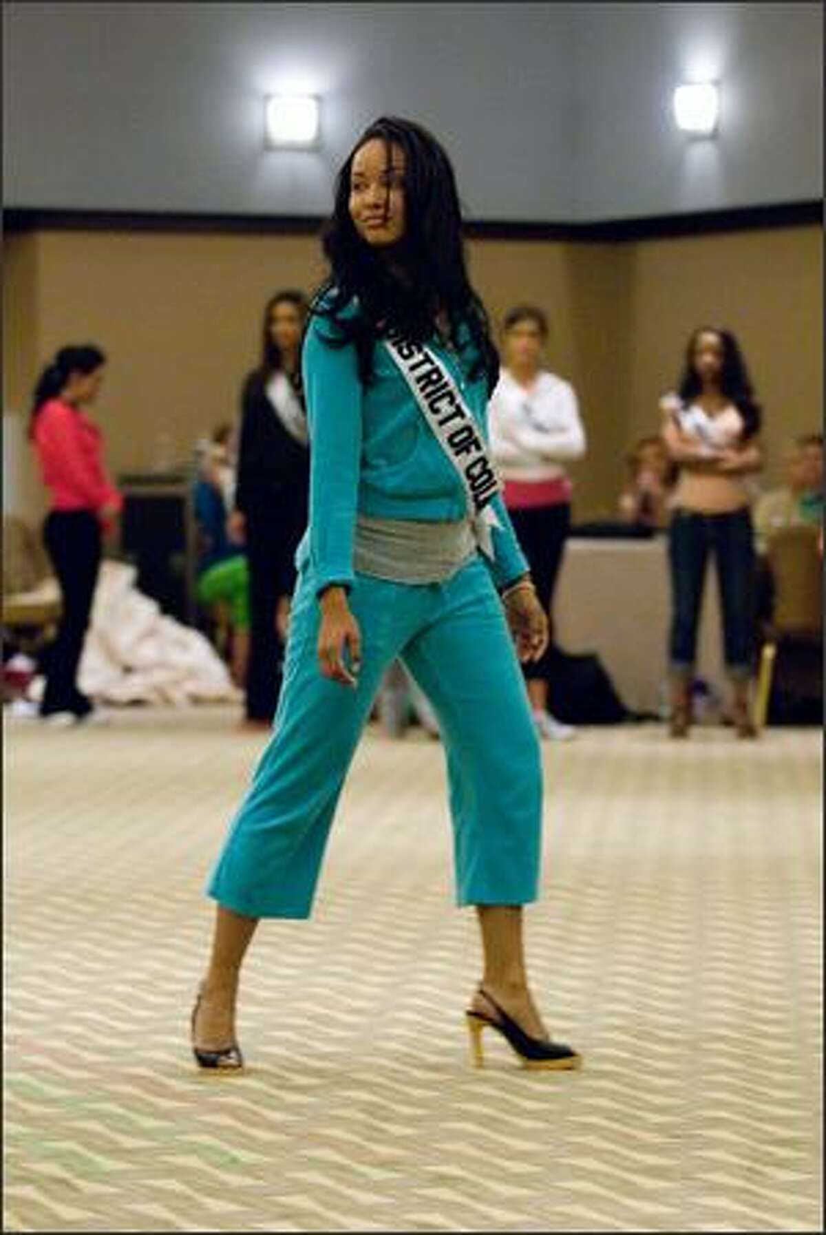 Mercedes Catherine Lindsey, Miss District of Columbia USA 2007, rehearses for the Miss USA 2007 competition at the Wilshire Grand Hotel on March 11.